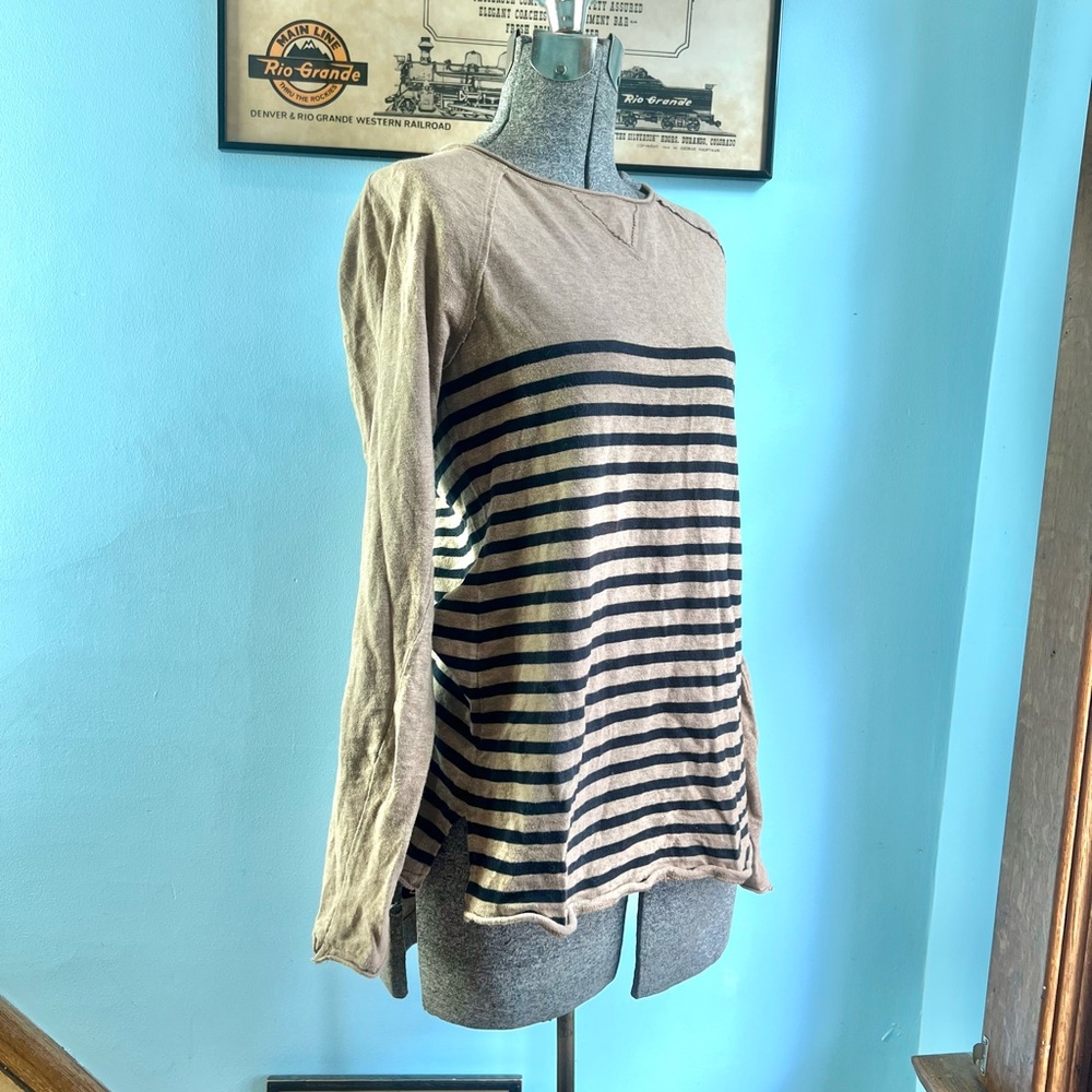 LLBean Signature Beige and Black Striped Long-Sleeve Crewneck Top